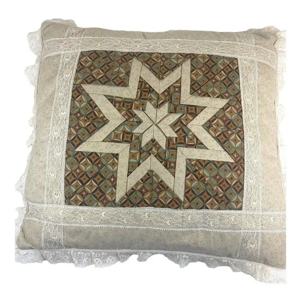 Vintage Victorian 8 Point Lone Star Quilted Pillow 14” Square GrannyCore Lace